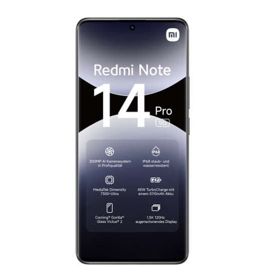 Xiaomi Redmi | Note 14 Pro | Midnight Black | 6.67  | AMOLED | 1220 x 2712 pixels | Mediatek | Internal RAM 8 GB | 256 GB | Dual SIM | 5G | Main camera resolution 50+8+2 MP | Secondary camera resolution 20 MP | Android | 14